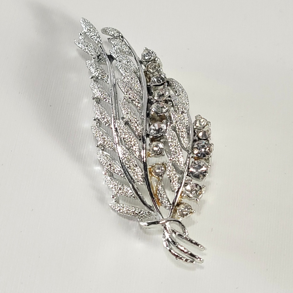 Leaf Brooch Silver Tone Clear Rhinestone Textured Botanical Pin Jewelry